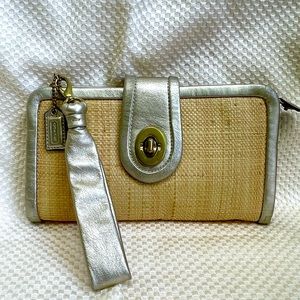 Coach Park Straw Clutch with Gold Leather Trim